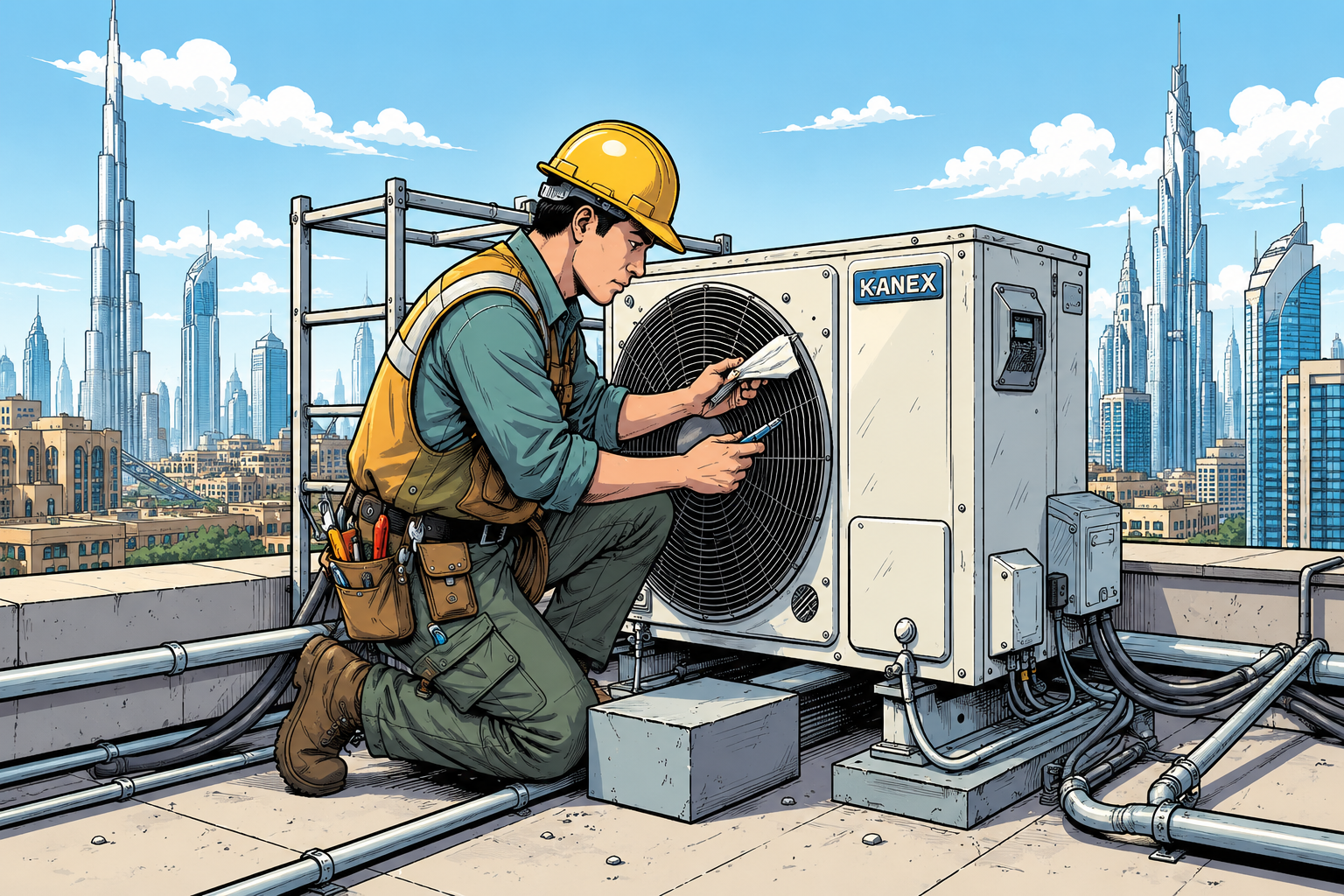Technician servicing a rooftop AC unit with the Dubai skyline behind