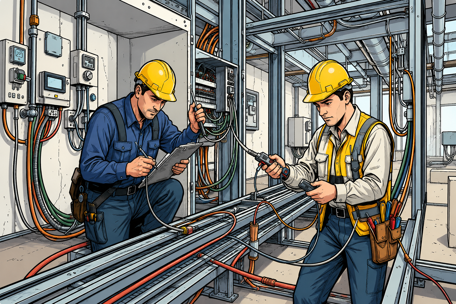 Technicians installing and testing building services