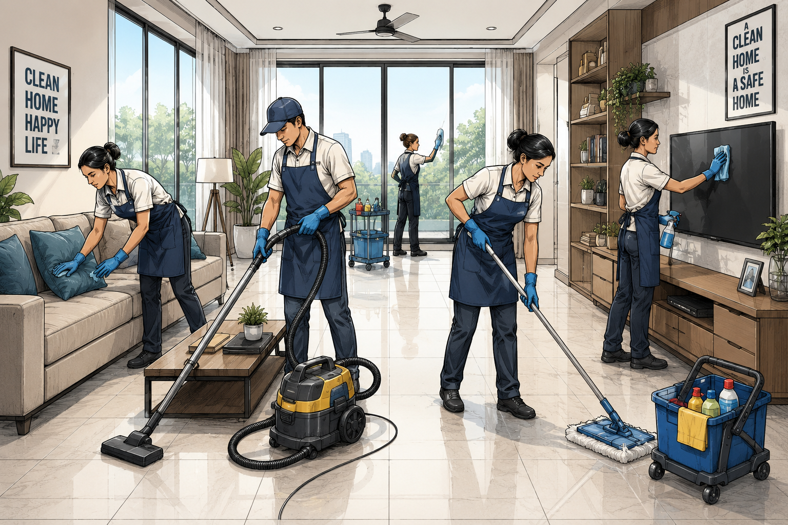 Housekeeping team deep-cleaning a residence