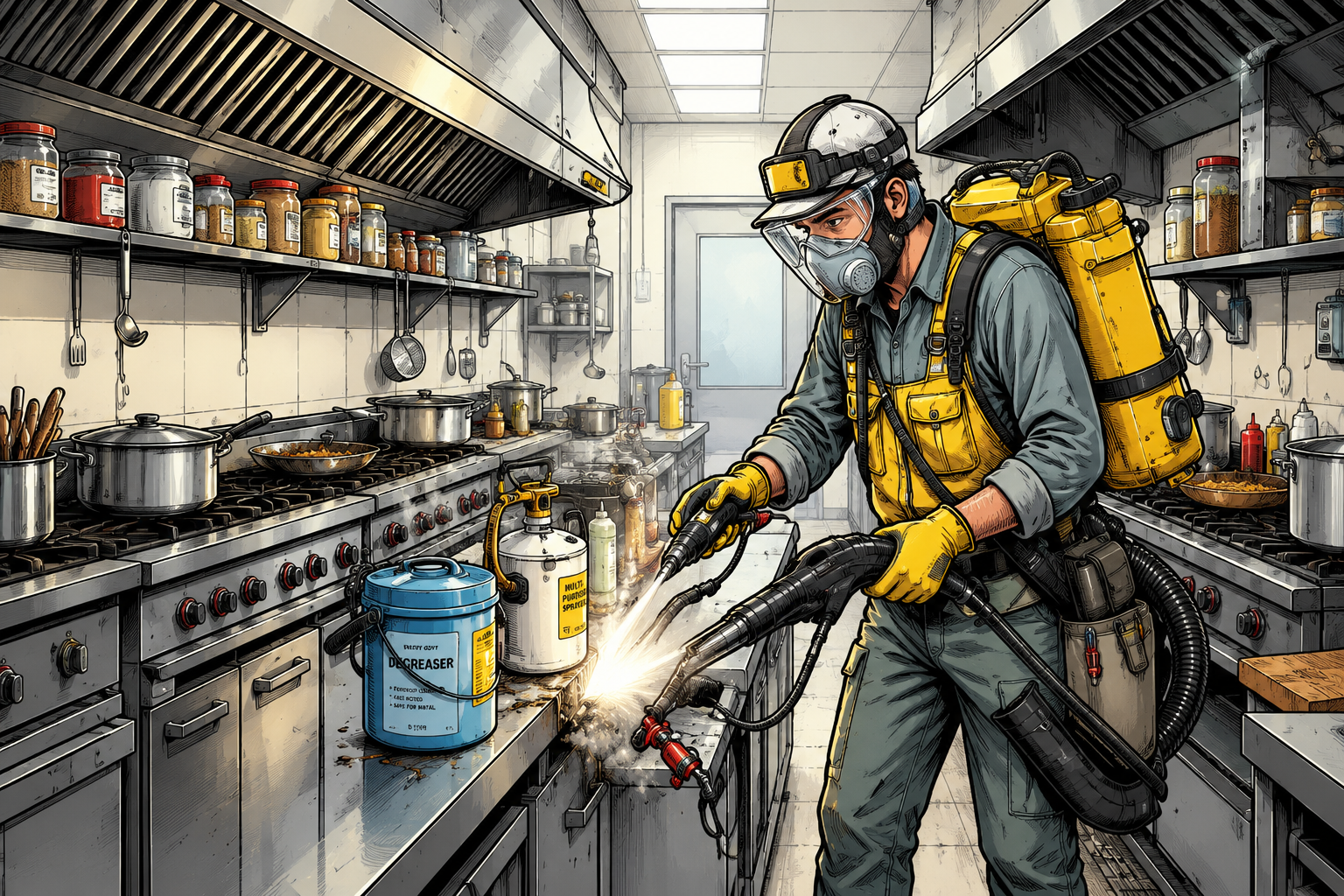 Pest control technician treating a commercial kitchen