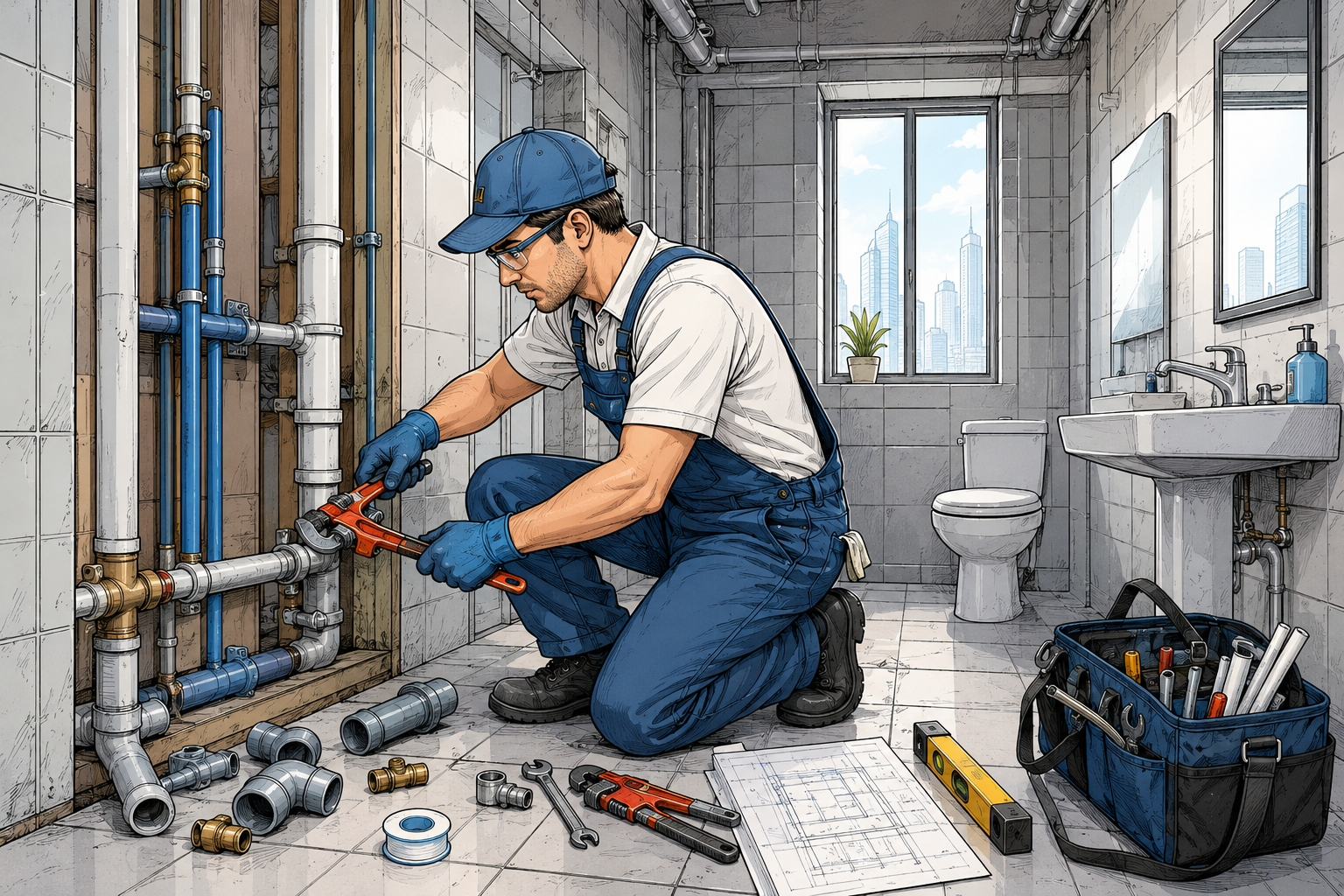 Plumber repairing water supply pipes in a washroom